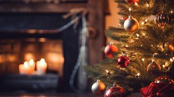 ai generiert Weihnachten Baum Dekorationen zum das Englisch Land Hütte, Zuhause Dekor, Haus im das Landschaft und Urlaub Feier foto