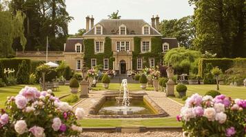 ai generiert Hochzeit Dekoration mit Pfingstrosen, Blumen- Dekor und Veranstaltung Feier, Pfingstrose Blumen und Hochzeit Zeremonie im das Garten, Englisch Land Stil foto