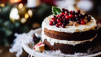 ai generiert Weihnachten Kuchen, Urlaub Rezept und Zuhause Backen, Pudding mit cremig Glasur zum gemütlich Winter Ferien Tee im das Englisch Land Hütte, hausgemacht Essen und Kochen foto