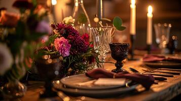 ai generiert Abendessen Tabelle Rahmen im das warm glühen von Kerzenlicht, Tischlandschaft mit Blumen- Kernstück, elegant Burgund Glaswaren, und luxuriös Gold Besteck foto