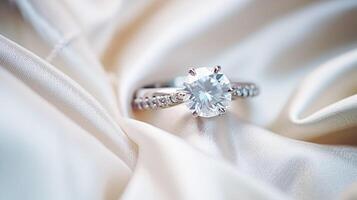 ai generiert Schmuck, Vorschlag und Urlaub Geschenk, Diamant Engagement Ring auf Seide Stoff, Symbol von Liebe, Romantik und Engagement foto