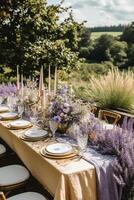ai generiert Hochzeit Tischlandschaft, elegant formal Abendessen Tabelle Einstellung, Tabelle scape mit Lavendel Dekoration zum Urlaub Party Veranstaltung Feier, generativ ai foto