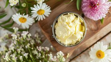 ai generiert cremig hausgemacht Butter im Schüssel, traditionell Essen und Land Leben foto