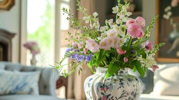 ai generiert Frühling Blumen im Jahrgang Vase, schön Blumen- Anordnung, Zuhause Dekor, Hochzeit und Florist Design foto