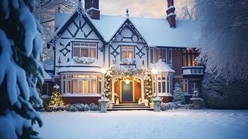 ai generiert Weihnachten im das Landschaft Herrenhaus, Englisch Land Haus Villa dekoriert zum Ferien auf ein schneebedeckt Winter Abend mit Schnee und Urlaub Beleuchtung, fröhlich Weihnachten und glücklich Ferien foto