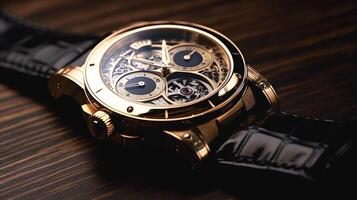 ai generiert Luxus Herren Uhr kommerziell Konzept, maßgeschneidert Gold Design auf dunkel Hintergrund, Urlaub Geschenk foto