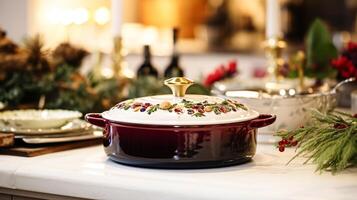 ai generiert Geschirr und Geschirr einstellen zum Winter Urlaub Familie Abendessen, Weihnachten Haushaltswaren Dekor zum Ferien im das Englisch Land Haus, Geschenk einstellen und Zuhause Styling foto