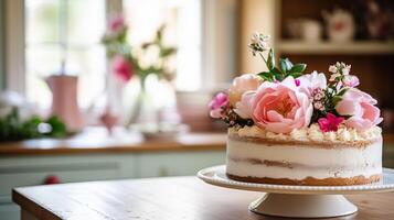 ai generiert hausgemacht Geburtstag Kuchen im das Englisch Landschaft Haus, Hütte Küche Essen und Urlaub Backen Rezept foto