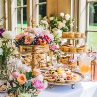 ai generiert Hochzeit Buffet Tisch, Veranstaltung Dessert Essen Gastronomie zum Hochzeit, Party und Urlaub Feier, Kuchen, Süßigkeiten und Nachspeisen im ein Land Garten, generativ ai foto