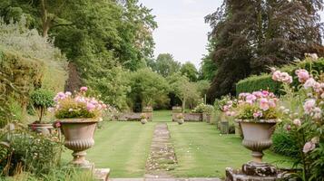 ai generiert Hochzeit Dekoration mit Pfingstrosen, Blumen- Dekor und Veranstaltung Feier, Pfingstrose Blumen und Hochzeit Zeremonie im das Garten, Englisch Land Stil foto