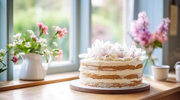 ai generiert hausgemacht Geburtstag Kuchen im das Englisch Landschaft Haus, Hütte Küche Essen und Urlaub Backen Rezept foto