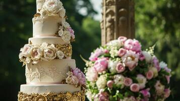 ai generiert Hochzeit Dekoration mit Pfingstrosen, Blumen- Dekor und Veranstaltung Feier, Pfingstrose Blumen und Hochzeit Zeremonie im das Garten, Englisch Land Stil foto