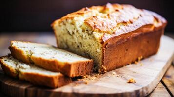 ai generiert Banane Brot im Englisch Land Hütte, Backen Essen und einfach Rezept Idee zum Speisekarte, Essen Blog und Kochbuch foto