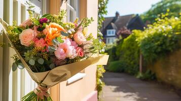 ai generiert Blume Geschäft Lieferung und Urlaub Geschenk Post- Service, schön Strauß von Blumen auf ein Haus Haustür im das Landschaft, generativ ai foto