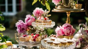 ai generiert Hochzeit Dekoration mit Pfingstrosen, Blumen- Dekor und Veranstaltung Feier, Pfingstrose Blumen und Hochzeit Zeremonie im das Garten, Englisch Land Stil foto