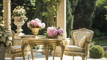 ai generiert Hochzeit Dekoration mit Pfingstrosen, Blumen- Dekor und Veranstaltung Feier, Pfingstrose Blumen und Hochzeit Zeremonie im das Garten, Englisch Land Stil foto