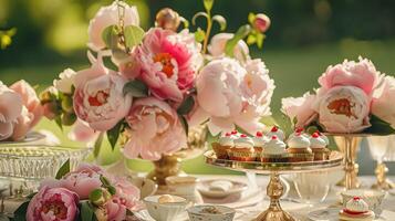 ai generiert Hochzeit Dekoration mit Pfingstrosen, Blumen- Dekor und Veranstaltung Feier, Pfingstrose Blumen und Hochzeit Zeremonie im das Garten, Englisch Land Stil foto