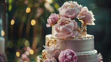 ai generiert Hochzeit Dekoration mit Pfingstrosen, Blumen- Dekor und Veranstaltung Feier, Pfingstrose Blumen und Hochzeit Zeremonie im das Garten, Englisch Land Stil foto