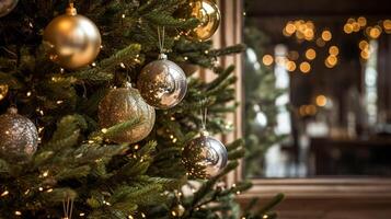 ai generiert Weihnachten Baum Dekorationen zum das Englisch Land Hütte, Zuhause Dekor, Haus im das Landschaft und Urlaub Feier foto