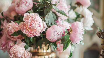 ai generiert Hochzeit Dekoration mit Pfingstrosen, Blumen- Dekor und Veranstaltung Feier, Pfingstrose Blumen und Hochzeit Zeremonie im das Garten, Englisch Land Stil foto