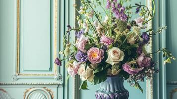 ai generiert Frühling Blumen im Jahrgang Vase, schön Blumen- Anordnung, Zuhause Dekor, Hochzeit und Florist Design foto