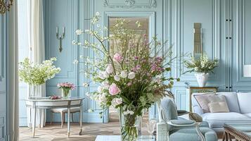 ai generiert Frühling Blumen im Jahrgang Vase, schön Blumen- Anordnung, Zuhause Dekor, Hochzeit und Florist Design foto