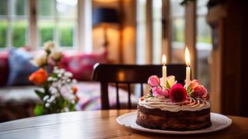 ai generiert hausgemacht Geburtstag Kuchen im das Englisch Landschaft Haus, Hütte Küche Essen und Urlaub Backen Rezept foto