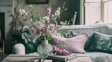 ai generiert Frühling Blumen im Jahrgang Vase, schön Blumen- Anordnung, Zuhause Dekor, Hochzeit und Florist Design foto