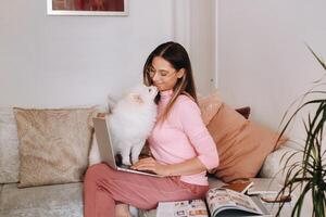 ein Mädchen im Pyjama beim Zuhause ist Arbeiten auf ein Laptop mit ihr Hund Spitzer, das Hund und es ist Inhaber sind ruhen auf das Couch und Aufpassen das Laptop.Haushalt Hausarbeit foto