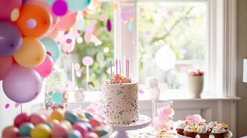 ai generiert Geburtstag Tischlandschaft oder Süßigkeiten Bar mit Süßigkeiten, Geburtstag Kuchen und Cupcakes, schön Party Feier foto