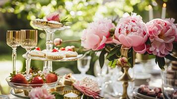 ai generiert Hochzeit Dekoration mit Pfingstrosen, Blumen- Dekor und Veranstaltung Feier, Pfingstrose Blumen und Hochzeit Zeremonie im das Garten, Englisch Land Stil foto