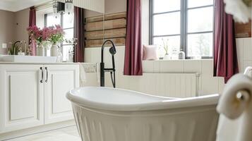 ai generiert luxuriös Badezimmer mit Marmor Einzelheiten und Burgund Akzente, Innere Design und Zuhause Dekor foto