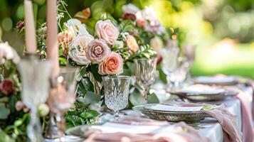 ai generiert Garten Party Tischlandschaft, Eleganz mit Blumen- Tabelle Dekor foto