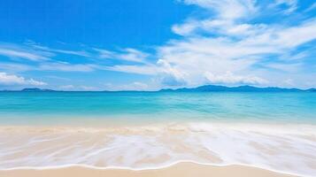 ai generiert sandig Strand mit Blau Himmel und Ozean im das Hintergrund foto