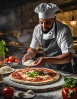 ai generiert Handwerker Pizza Hersteller Erstellen rustikal Pizza Zutaten im ein dunkel Küche mit dunkel Beleuchtung foto