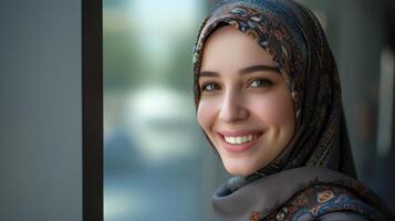 ai generiert Porträt von lächelnd Muslim Frauen foto