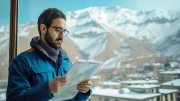 ai generiert abenteuerlich Mann Planung Route mit Berg Aussicht foto