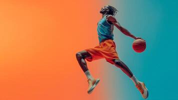 ai generiert zuschlagen Dunk Silhouette, Basketball Aktion Schuss foto