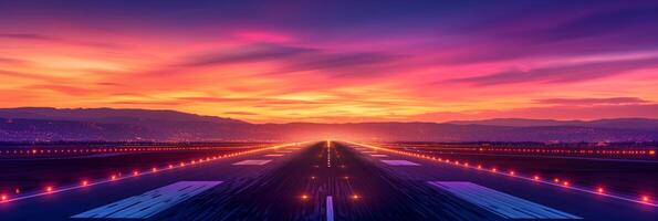 ai generiert dramatisch Sonnenuntergang Himmel Über Flughafen Runway mit glühend Beleuchtung, Perspektive Aussicht führen zu Horizont, geeignet zum Reise und Transport Themen mit Kopieren Raum foto