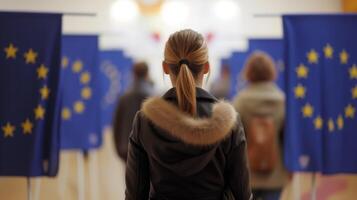 ai generiert europäisch Wählen, Frau beim EU Polling Bahnhof foto