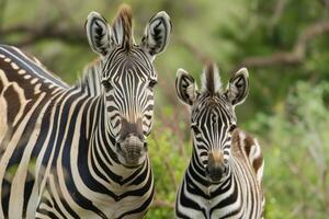 ai generiert Zebras im Harmonie, Erwachsene und jugendlich Duo im Grün Savanne foto