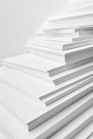 ai generiert minimalistisch Weiß Treppe mit ein geometrisch Design, vermitteln ein Konzept von Einfachheit und modern die Architektur, geeignet zum abstrakt Hintergründe oder Geschäft Konzepte foto