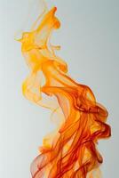 ai generiert elegant wirbelt von Orange und Gelb Rauch auf ein Weiß Hintergrund, ähnlich ein feurig abstrakt tanzen, Ideal zum kreativ Konzepte oder dynamisch Hintergründe foto