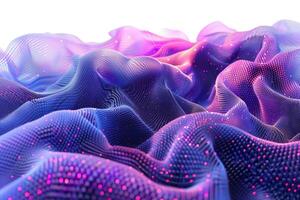 ai generiert abstrakt Digital Landschaft mit beschwingt Blau und lila Wellen, gepunktet mit Rosa Partikel, abbilden ein futuristisch oder virtuell Wirklichkeit Konzept foto