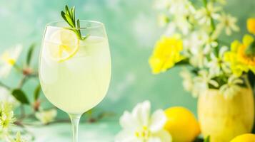 ai generiert erfrischend Limonade im ein Wein Glas garniert mit Rosmarin und Zitrone Scheibe, umgeben durch Blühen Frühling Blumen, vorschlagen ein frisch Konzept zum Frühling oder Sommer- Themen foto