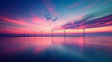 ai generiert heiter Off-Shore Wind Bauernhof Silhouette gegen ein beschwingt Sonnenuntergang Himmel mit dramatisch Wolken, reflektieren auf Ruhe Wasser, Hervorheben verlängerbar Energie Konzepte foto