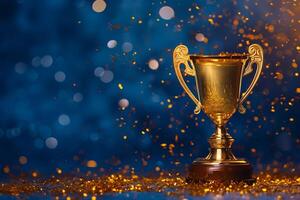 ai generiert golden Trophäe Tasse auf ein glänzend Hintergrund mit funkelnd Konfetti, Konzept von Sieg und Erfolg im Wettbewerbe oder Auszeichnungen Zeremonien foto