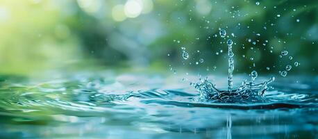 ai generiert knackig Wasser Tröpfchen planschen in heiter Blau Wasser mit ein sonnendurchflutet Bokeh Hintergrund, abbilden Reinheit und Frische im Natur foto