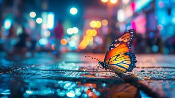 ai generiert beschwingt Monarch Schmetterling thront auf ein nass Oberfläche mit bunt Bokeh Beleuchtung von ein geschäftig Stadt Hintergrund Erstellen ein heiter noch lebhaft städtisch Natur Szene foto