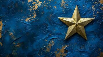 ai generiert golden Star auf ein texturiert dunkel Blau Hintergrund mit Gold Spritzer, abstrakt festlich Konzept oder Weihnachten Urlaub Hintergrund foto